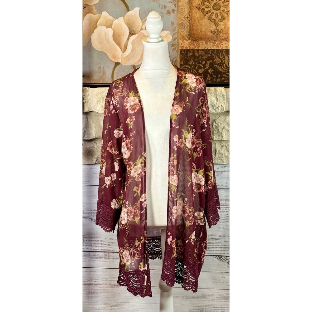 Rewind Floral Open Front Kimono Burgundy Crochet Lace Trim Size L